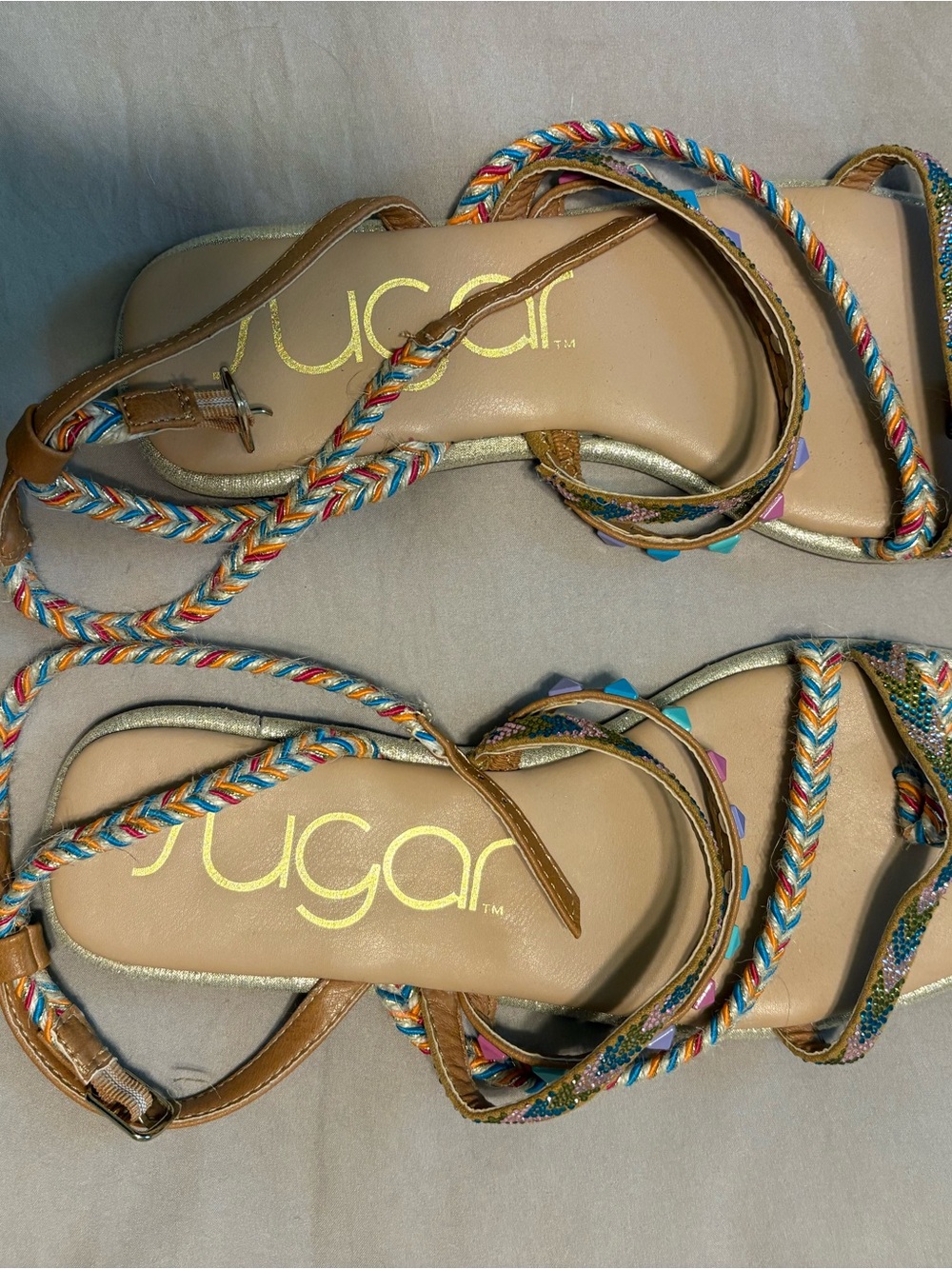 Sugar Braided Multicolor Ankle Wrap Sandals - Tan & Multicolor